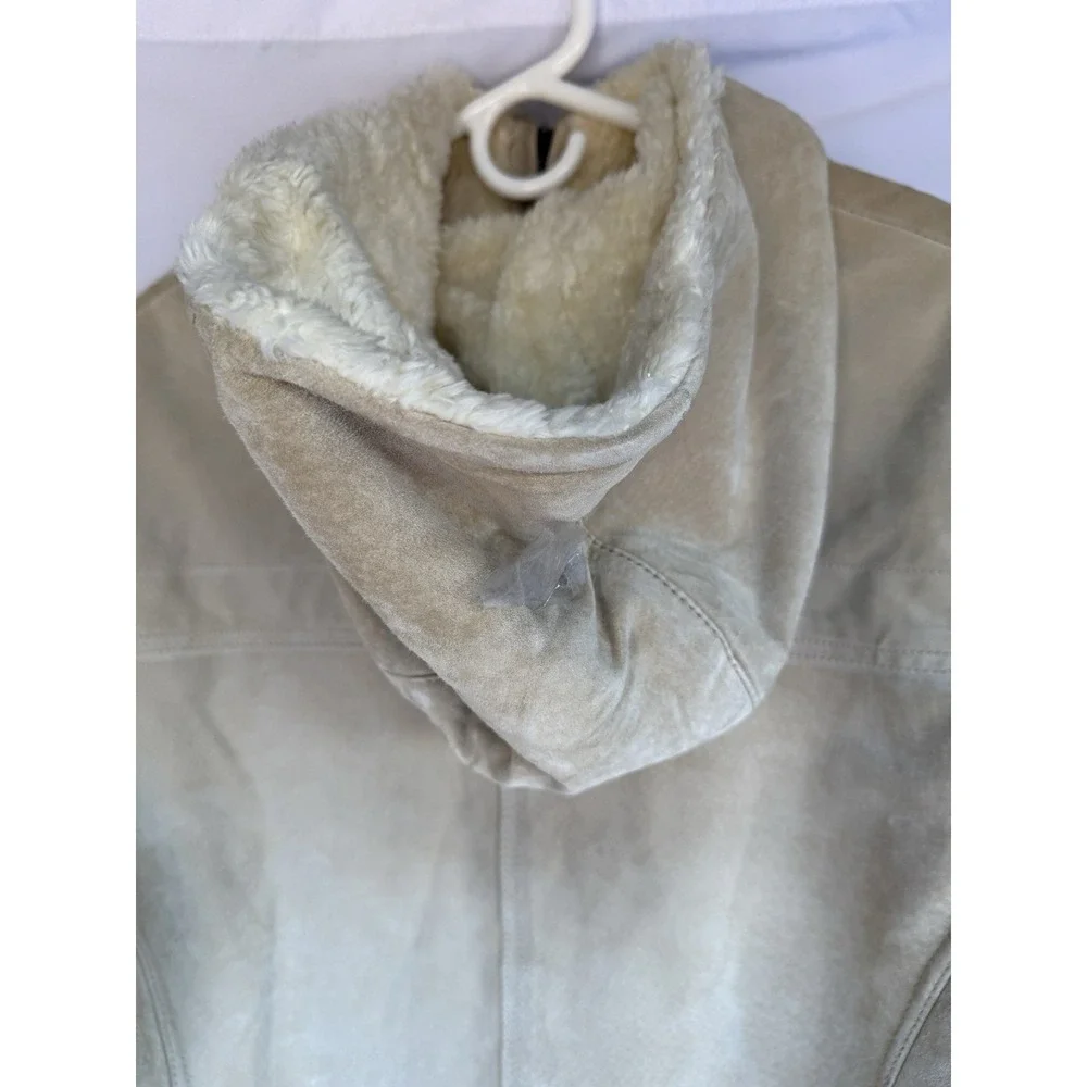 Jones NY Womens Penny Lane Suede Faux Fur Lined Coat Size L Hood Zip Tan *flaws
